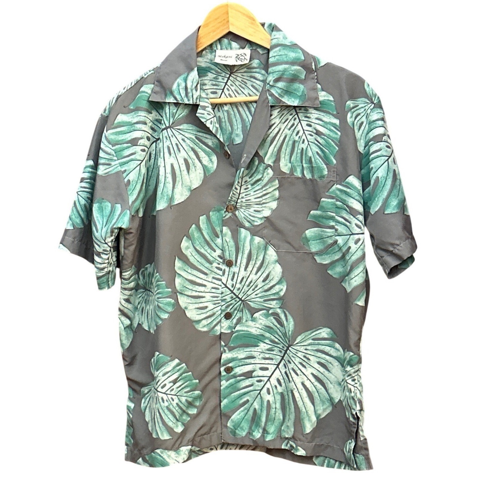 Vintage Makani Hawaii Aloha Shirt Monstera Leaf Tropical Botanical Camp Collar